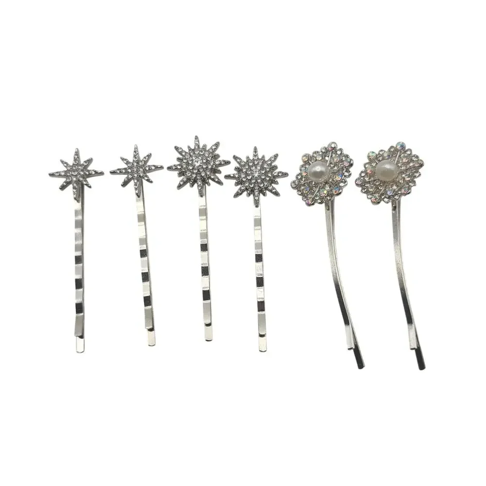 Silver Rhinestone Pearl Starburst Flower Bobby Pins Hair Clip Accessory Lot Set